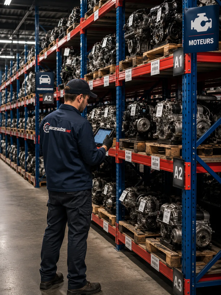 Entrepôt de pièces d'autos avec moteurs et transmissions classés par allées